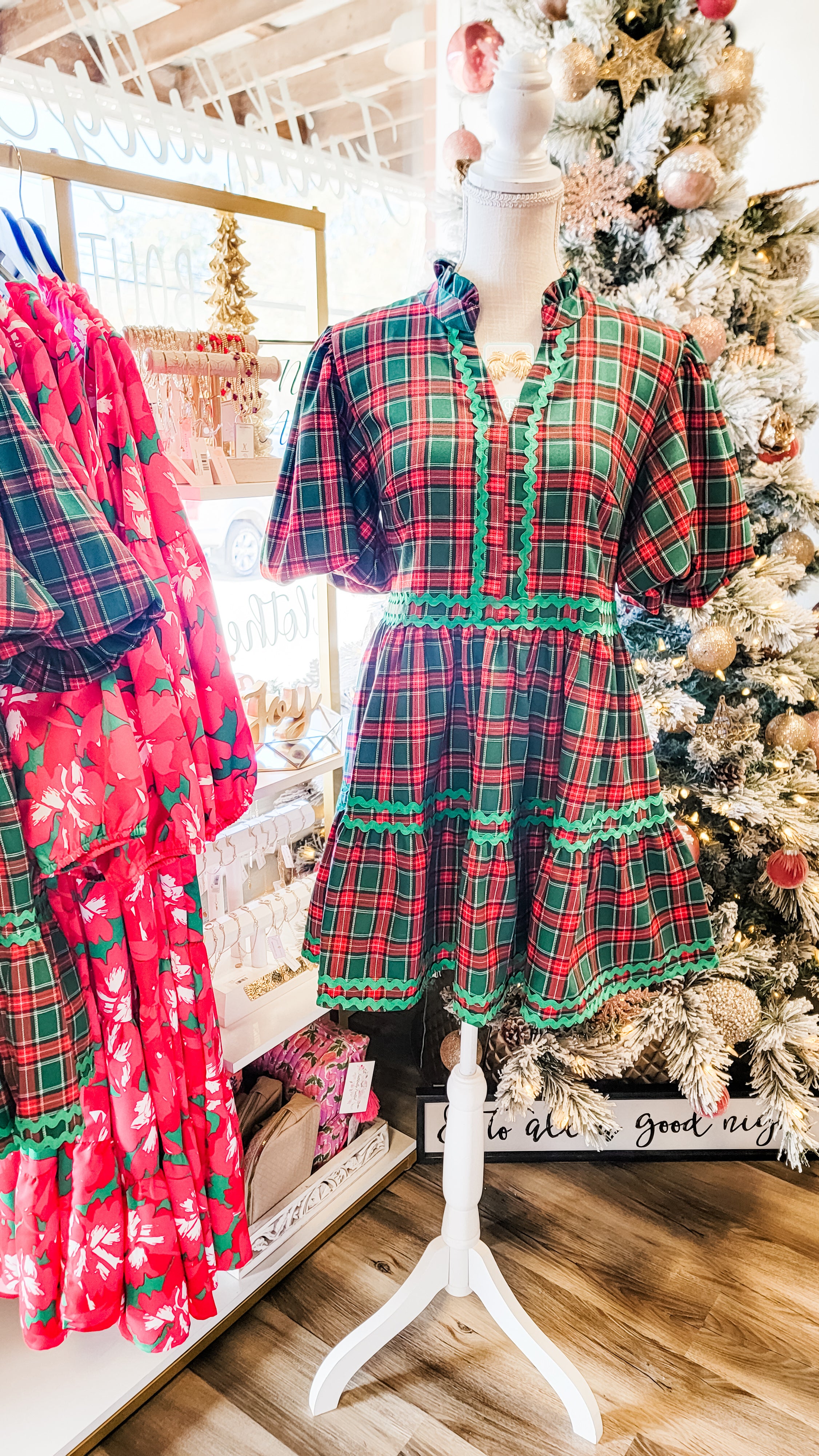 Cast Your Cares Christmas Ric-Rac Plaid Dress |
